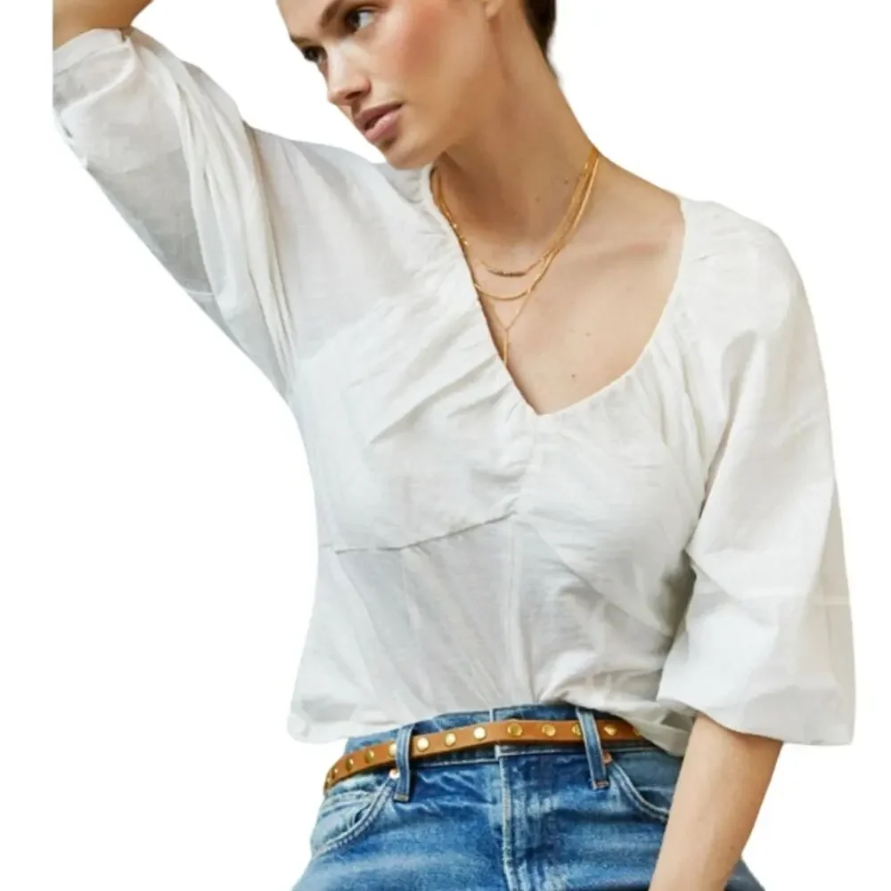 Anthropologie S Womens Ivory V Neck Ruched Knit Top Puff Sleeve *flaw